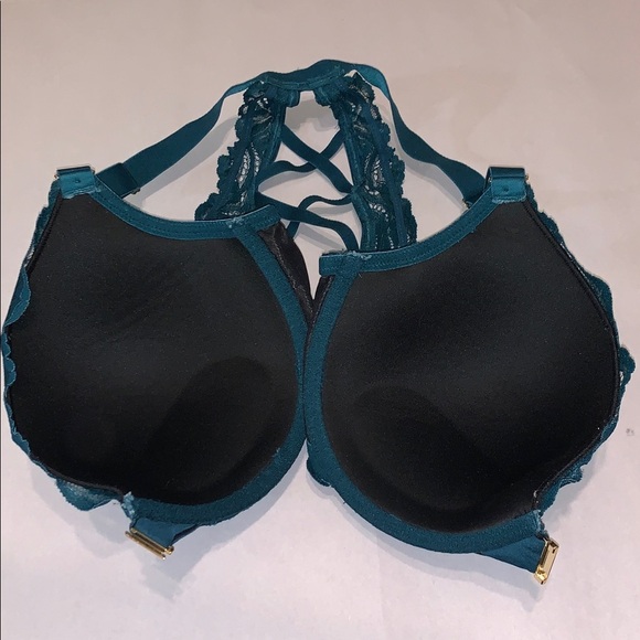 Cacique Boost Plunge Dark Teal Blue Lace Bra RacerBack Underwire Strappy 38DDD - Picture 6 of 11